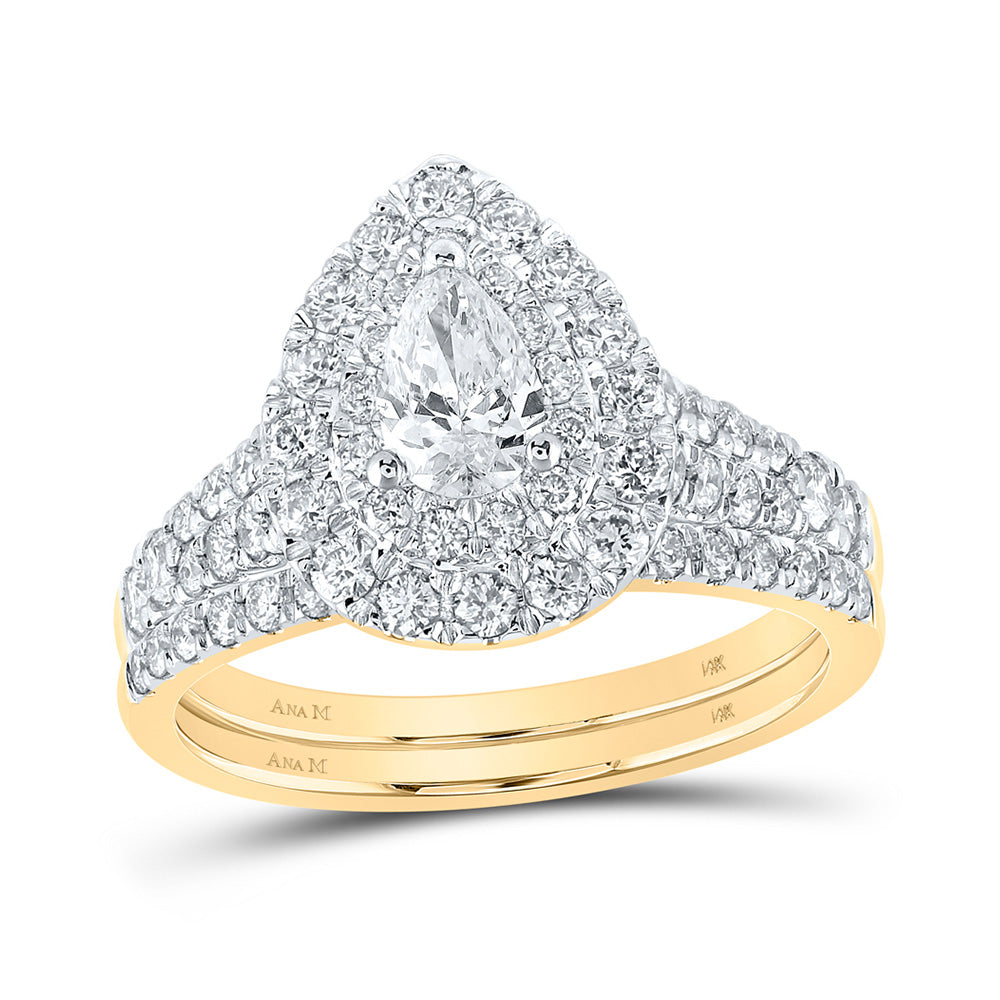 14K Yellow Gold Pear Diamond Halo Bridal Wedding Ring Band Set 1-1/2 Cttw, Womens Size: 5-10