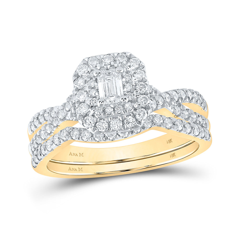 14K Rose Or Yellow Gold Emerald Diamond Halo Bridal Wedding Ring Band Set , Womens Size: 5-10