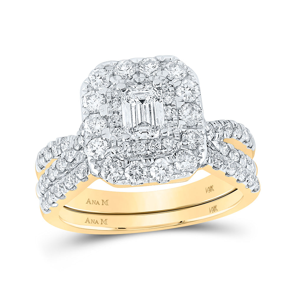 14K Yellow Gold Emerald Diamond Halo Bridal Wedding Ring Band Set 2 Cttw, Womens Size: 5-10