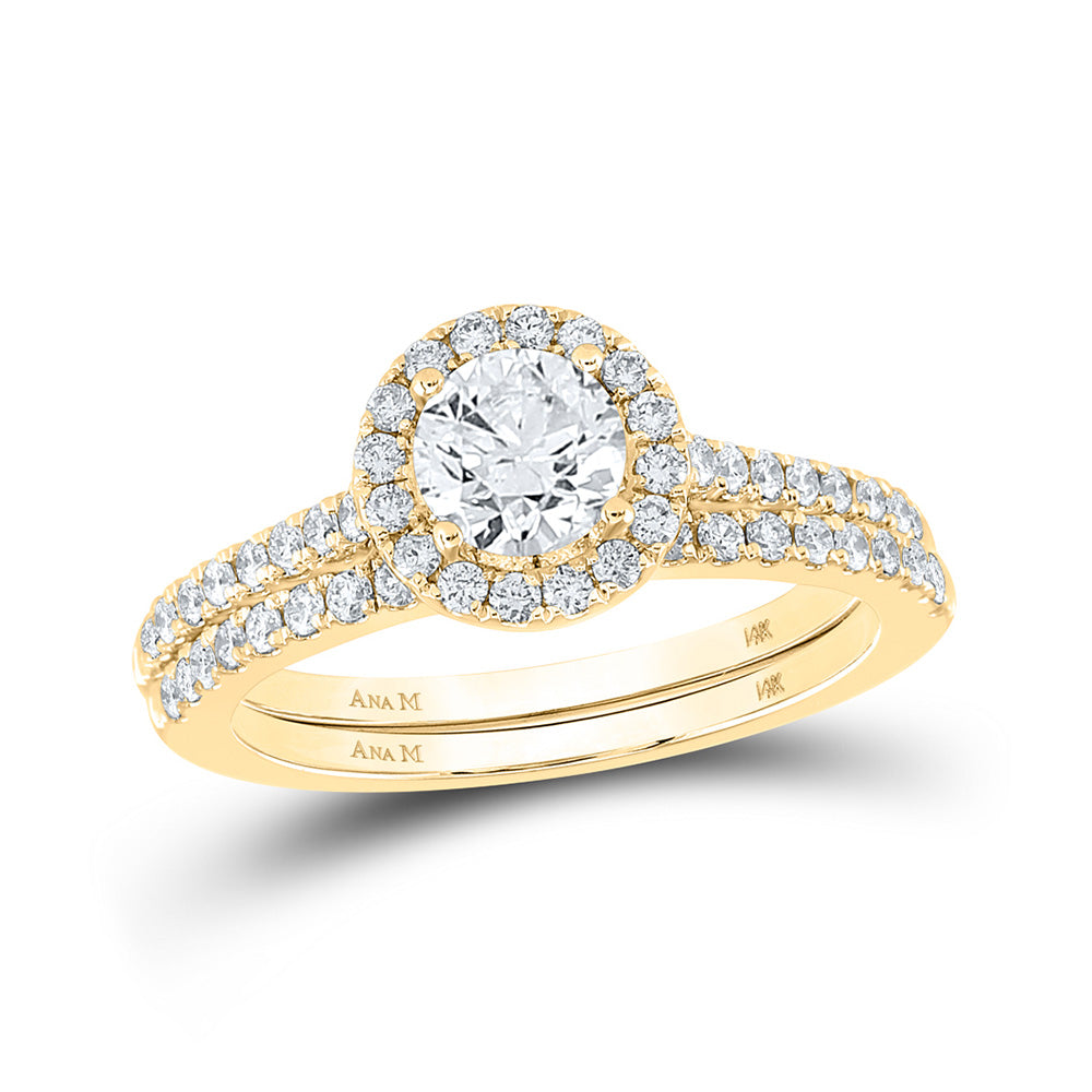 14K Yellow Gold Round Diamond Halo Bridal Wedding Ring Band Set 1-1/4 Cttw, Womens Size: 5-10