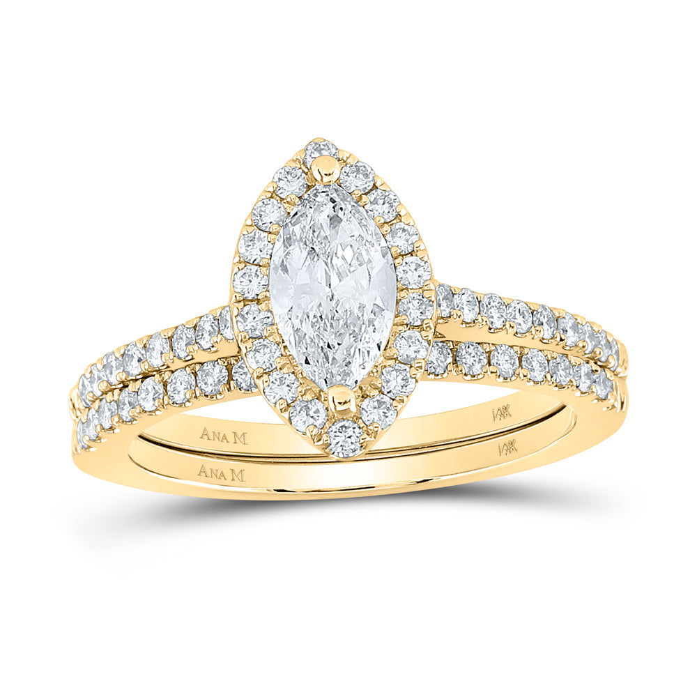 14K Yellow Gold Marquise Diamond Halo Bridal Wedding Ring Band Set 1-1/4 Cttw, Womens Size: 5-10
