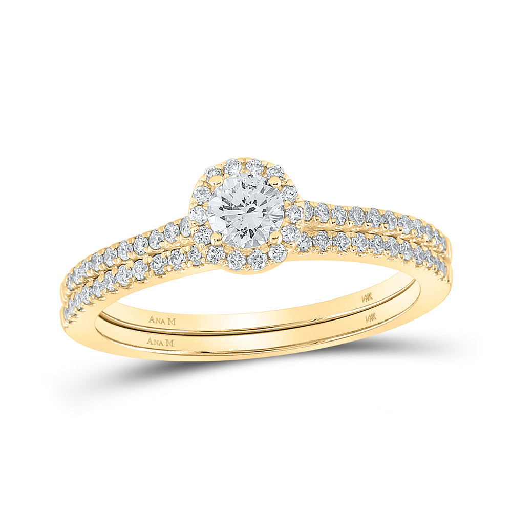 14K Yellow Gold Round Diamond Halo Bridal Wedding Ring Band Set 5/8 Cttw, Womens Size: 5-10