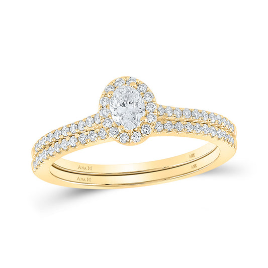 14K Yellow Gold Oval Diamond Halo Bridal Wedding Ring Band Set 1/2 Cttw, Womens Size: 5-10