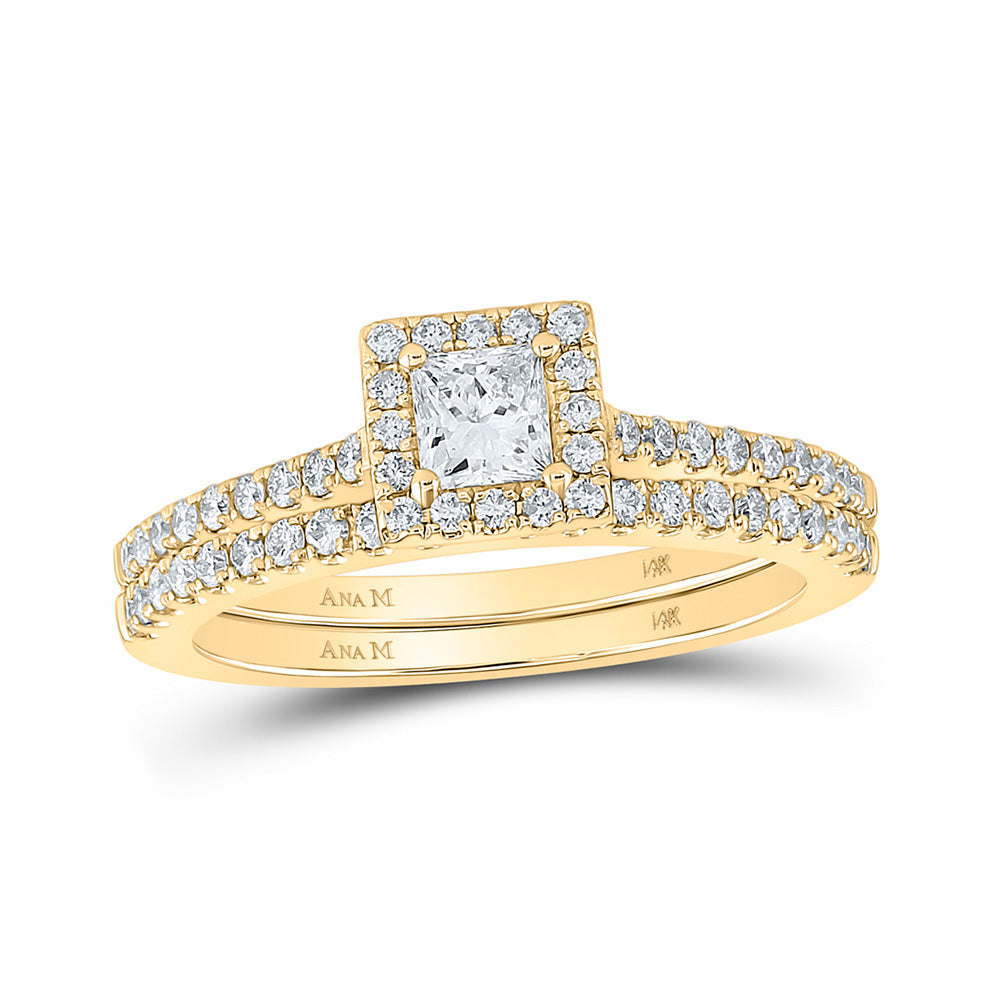 14K Yellow Gold Princess Diamond Halo Bridal Wedding Ring Band Set 7/8 Cttw, Womens Size: 5-10