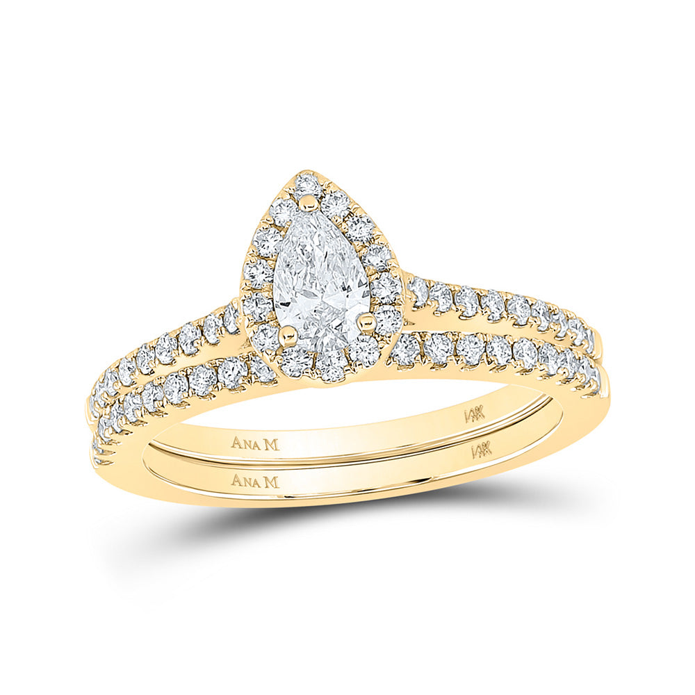 14K Yellow Gold Pear Diamond Halo Bridal Wedding Ring Band Set 7/8 Cttw, Womens Size: 5-10