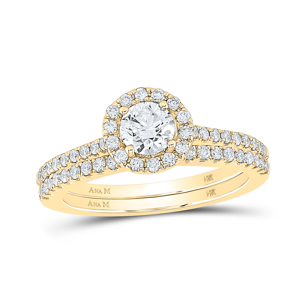 14K Yellow Or Two-Tone Gold Round Diamond Halo Bridal Wedding Ring Band Set , Womens Size: 5-10