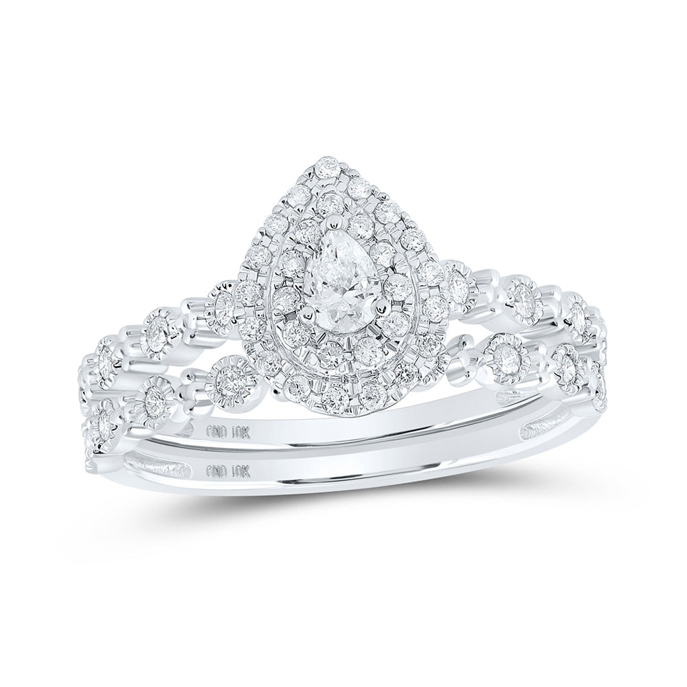 10K White Or Yellow Gold Pear Diamond Halo Bridal Wedding Ring Band Set , Womens Size: 5-10