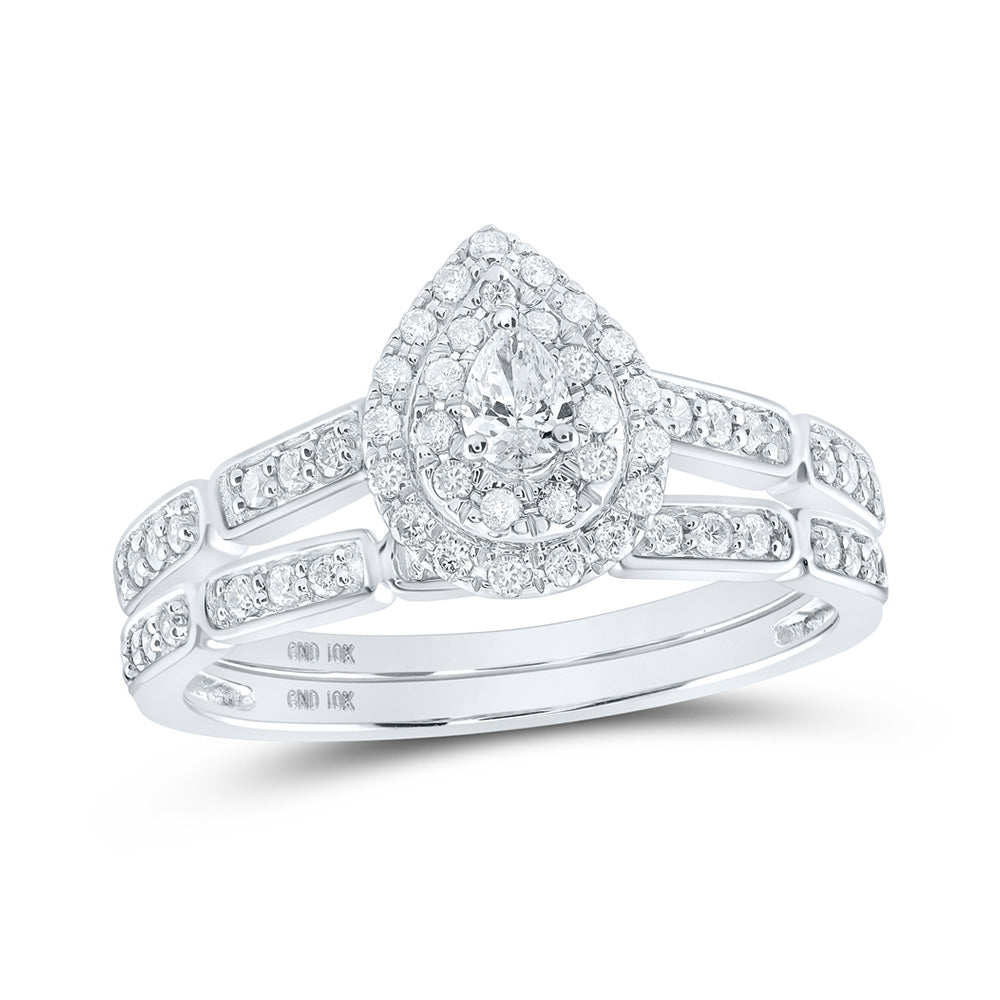 10K White Or Yellow Gold Pear Diamond Halo Bridal Wedding Ring Band Set , Womens Size: 5-10