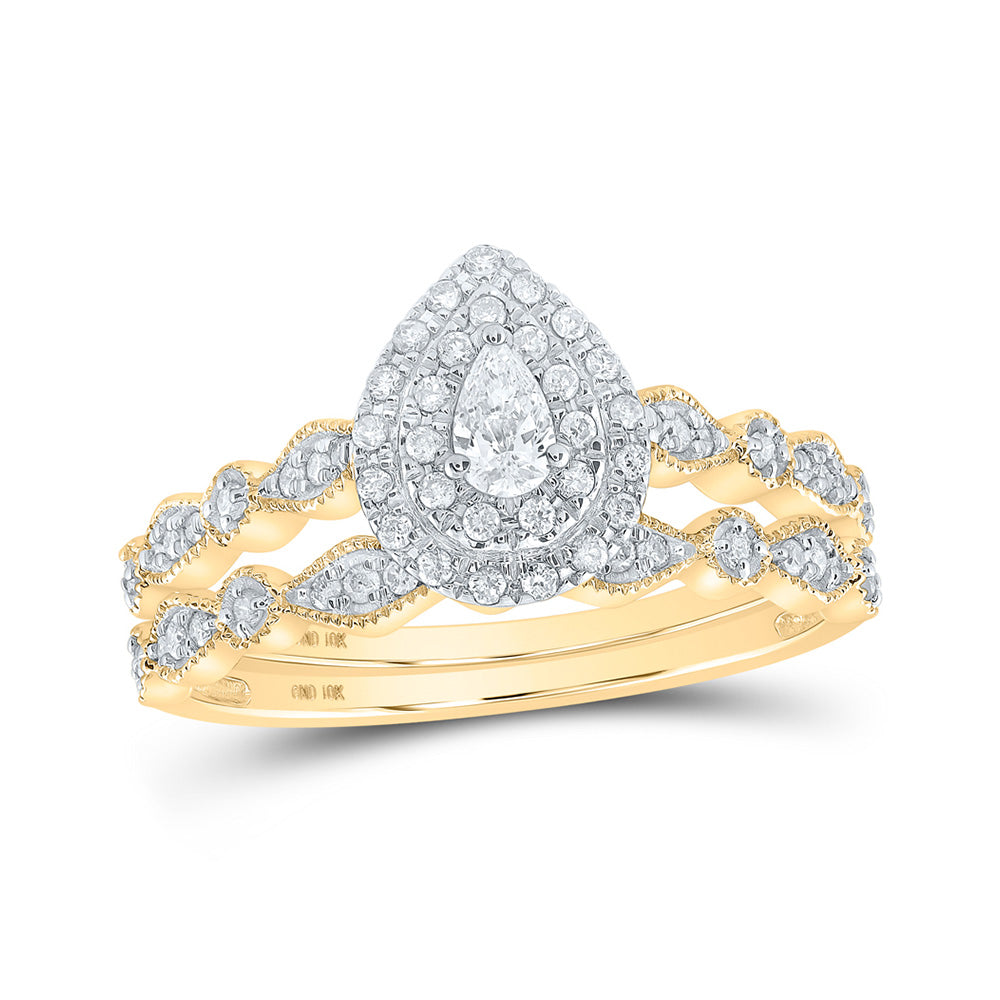 10K White Or Yellow Gold Pear Diamond Halo Bridal Wedding Ring Band Set , Womens Size: 5-10