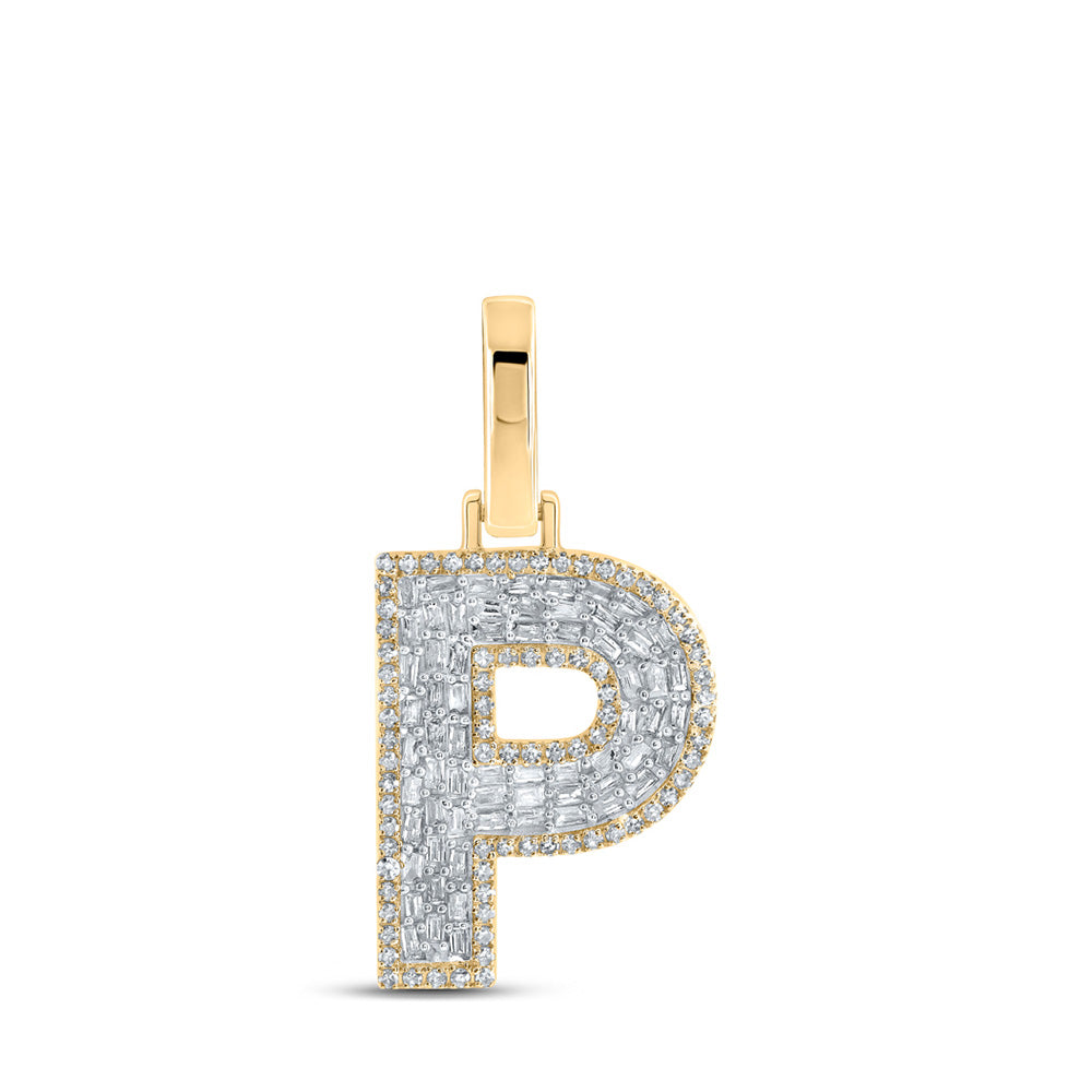 10K Yellow Gold Mens Baguette Diamond Initial Letter Charm Pendant