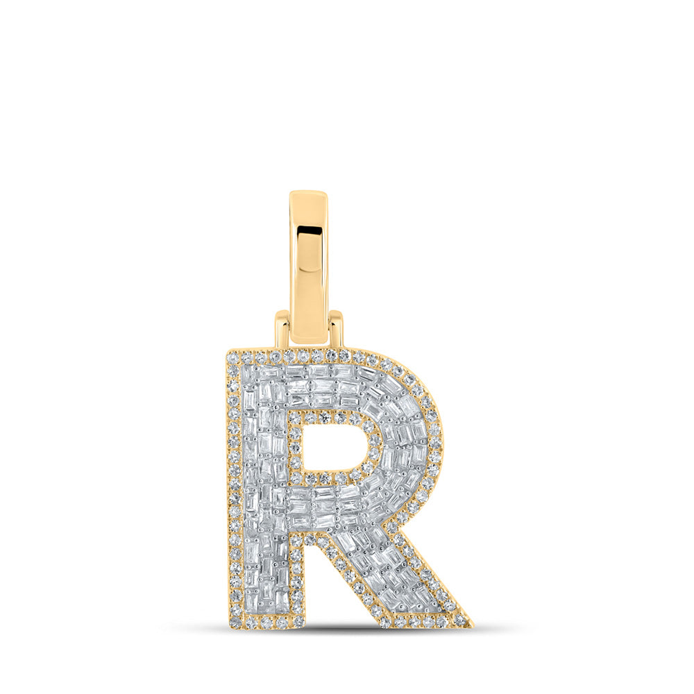 10K Yellow Gold Mens Baguette Diamond Initial Letter Charm Pendant