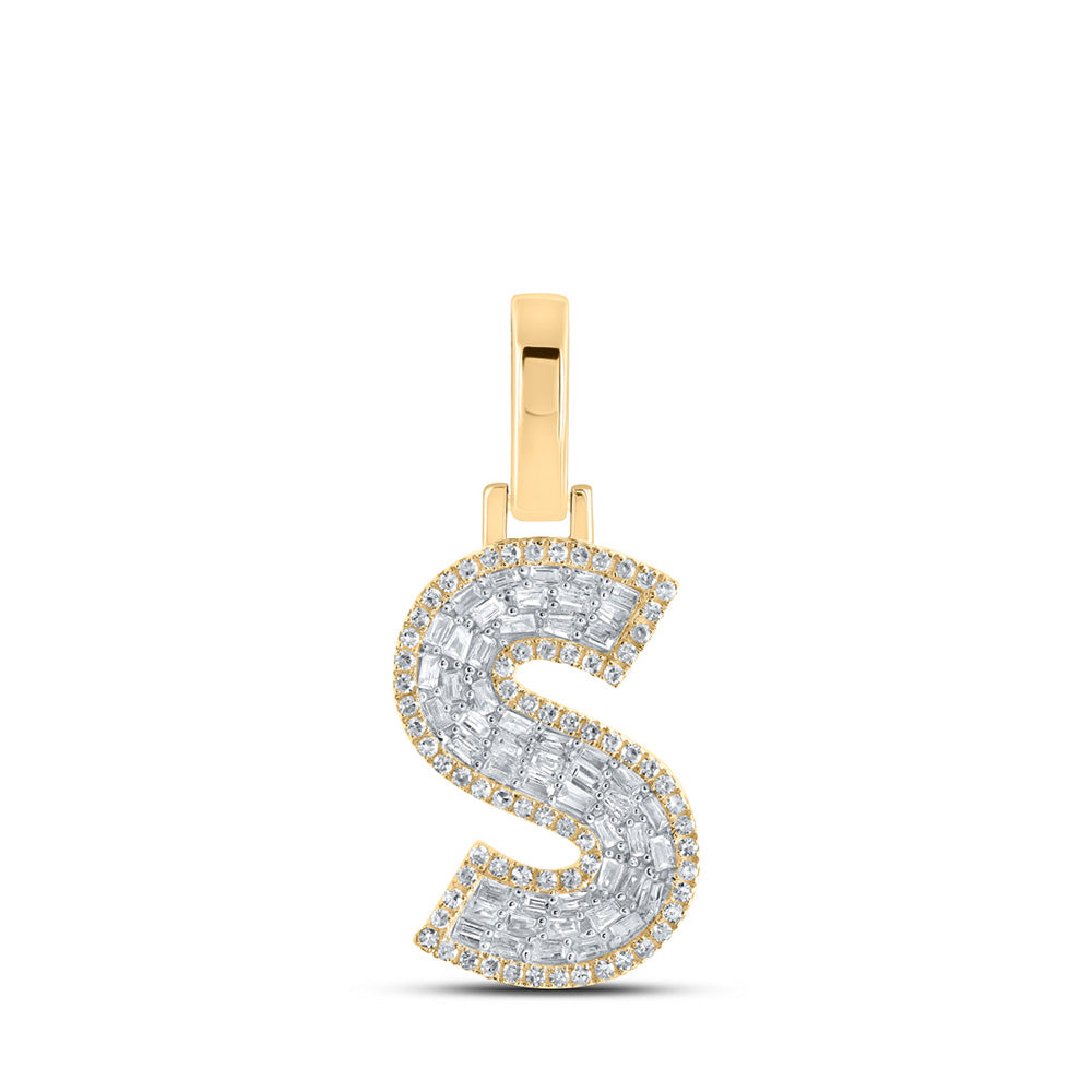 10K Yellow Gold Mens Baguette Diamond Initial Letter Charm Pendant