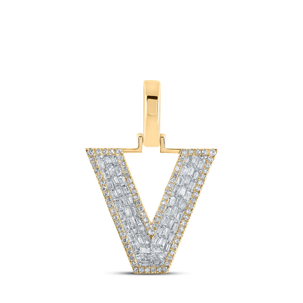 10K Yellow Gold Mens Baguette Diamond Initial Letter Charm Pendant