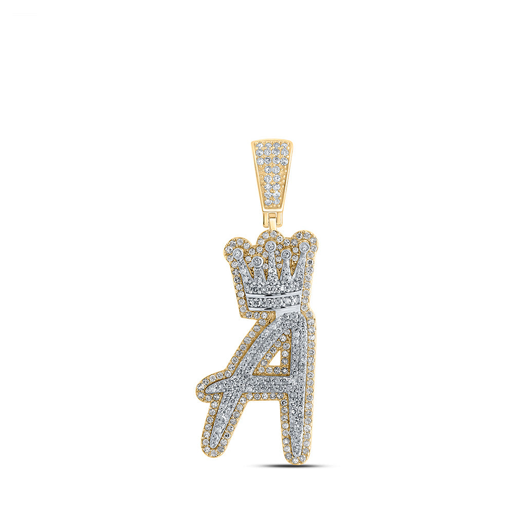 10K Yellow Gold Mens Round Diamond Crown Letter Charm Pendant