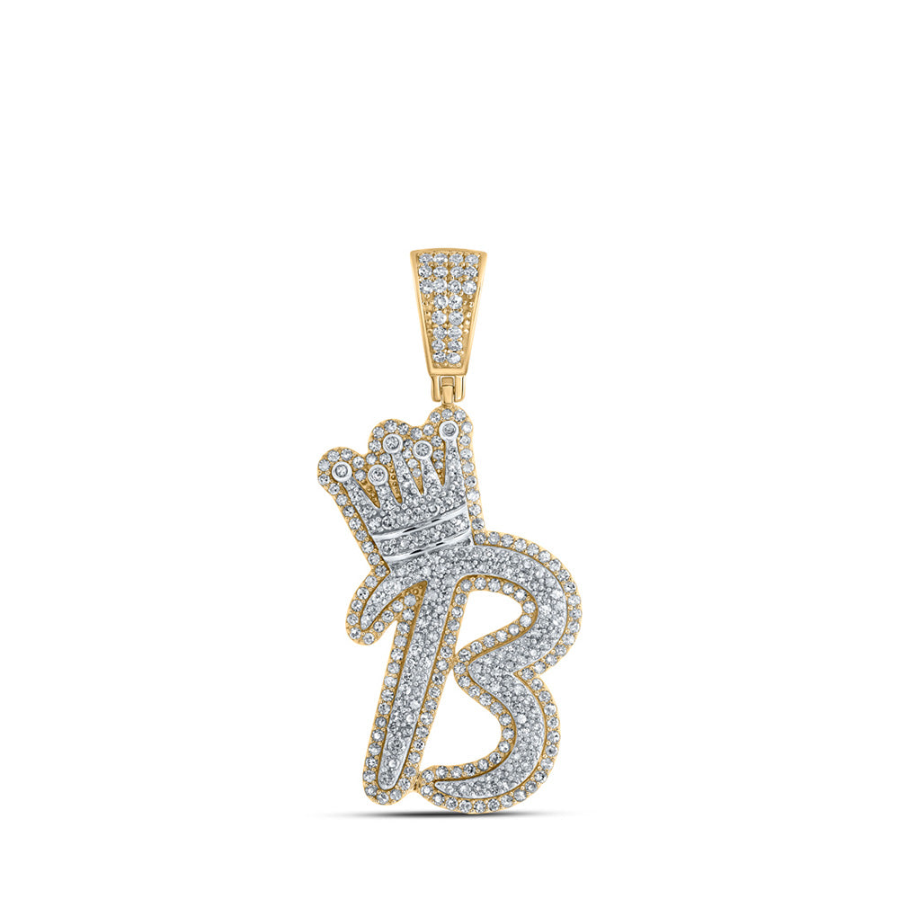 10K Yellow Gold Mens Round Diamond Crown Letter Charm Pendant