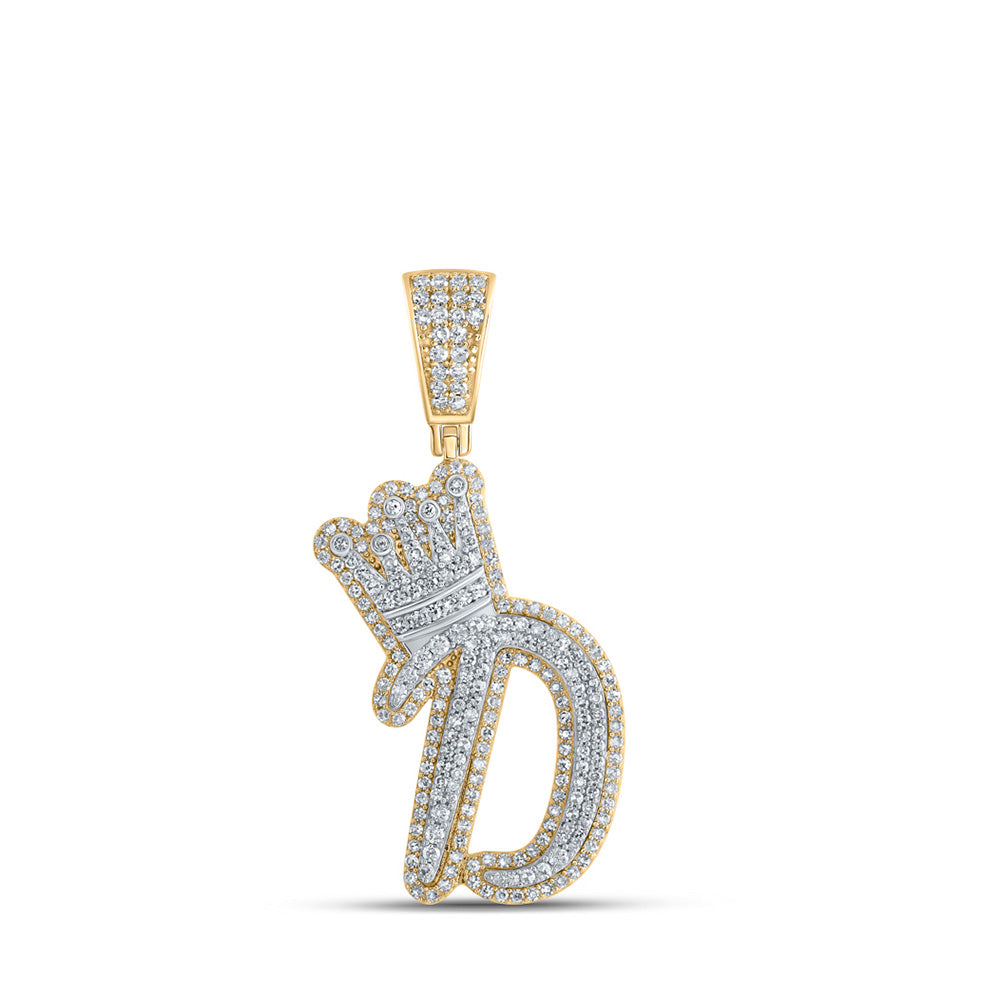 10K Yellow Gold Mens Round Diamond Crown Letter Charm Pendant