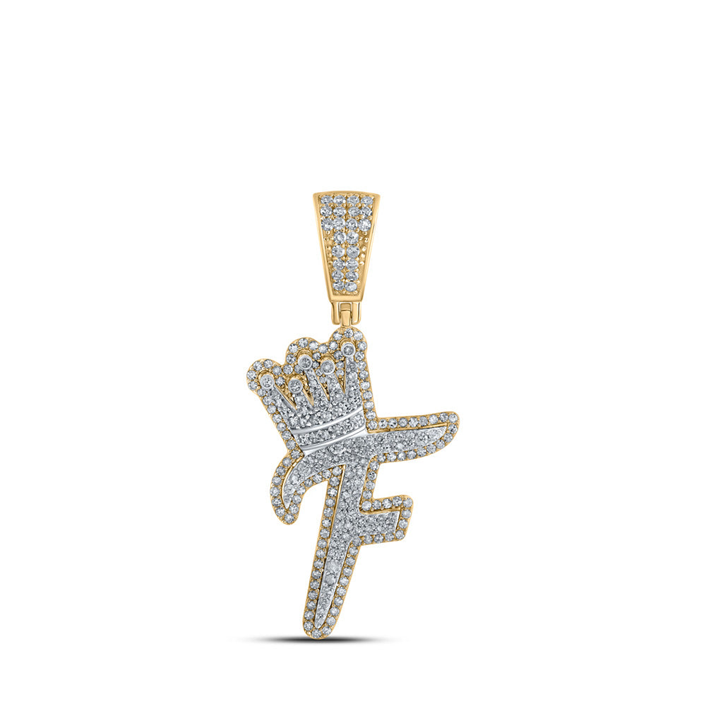 10K Yellow Gold Mens Round Diamond Crown Letter Charm Pendant
