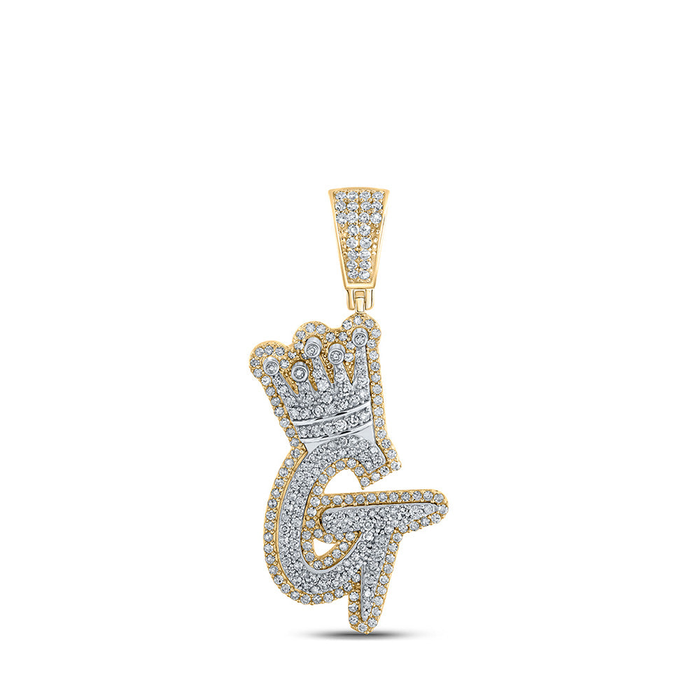 10K Yellow Gold Mens Round Diamond Crown Letter Charm Pendant