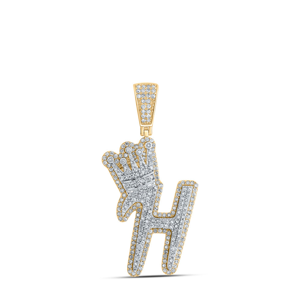 10K Yellow Gold Mens Round Diamond Crown Letter Charm Pendant