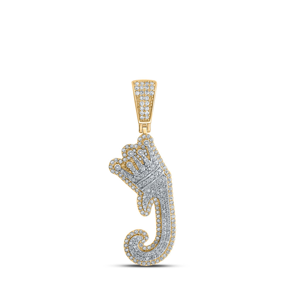 10K Yellow Gold Mens Round Diamond Crown Letter Charm Pendant