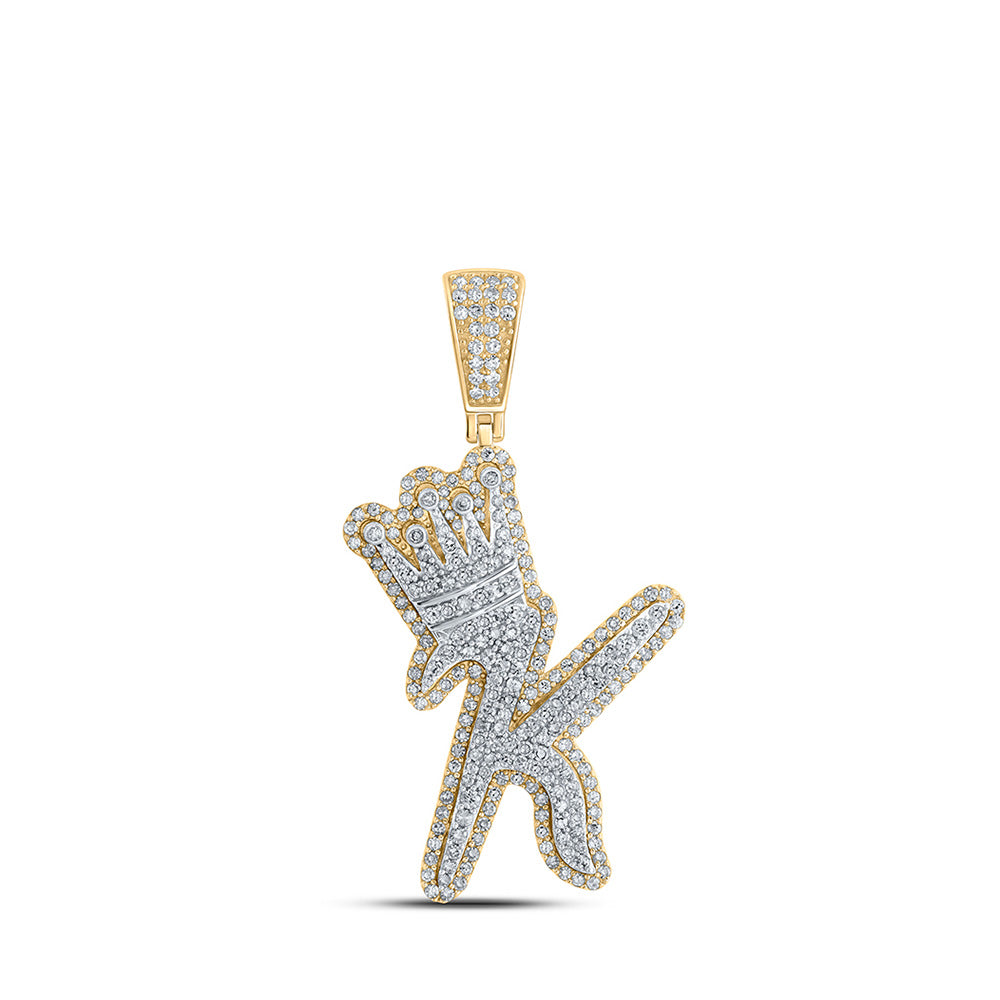 10K Yellow Gold Mens Round Diamond Crown Letter Charm Pendant