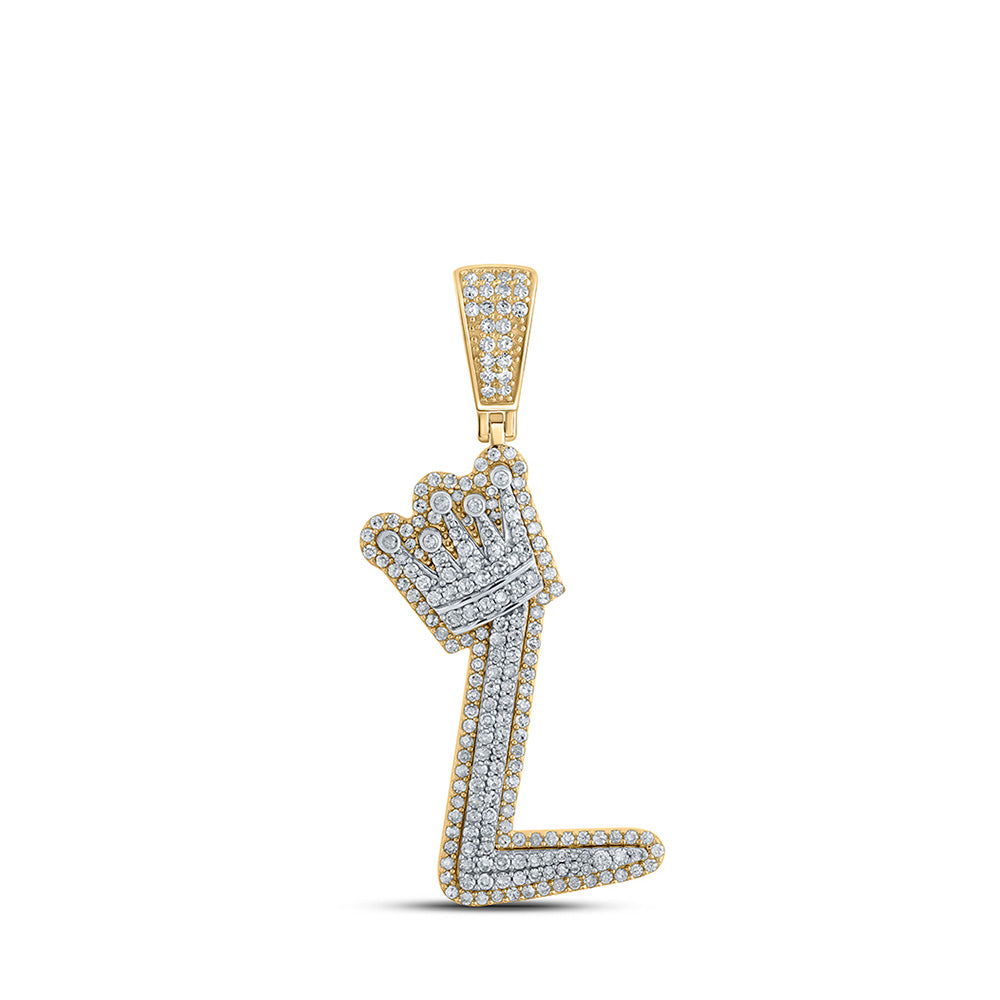 10K Yellow Gold Mens Round Diamond Crown Letter Charm Pendant