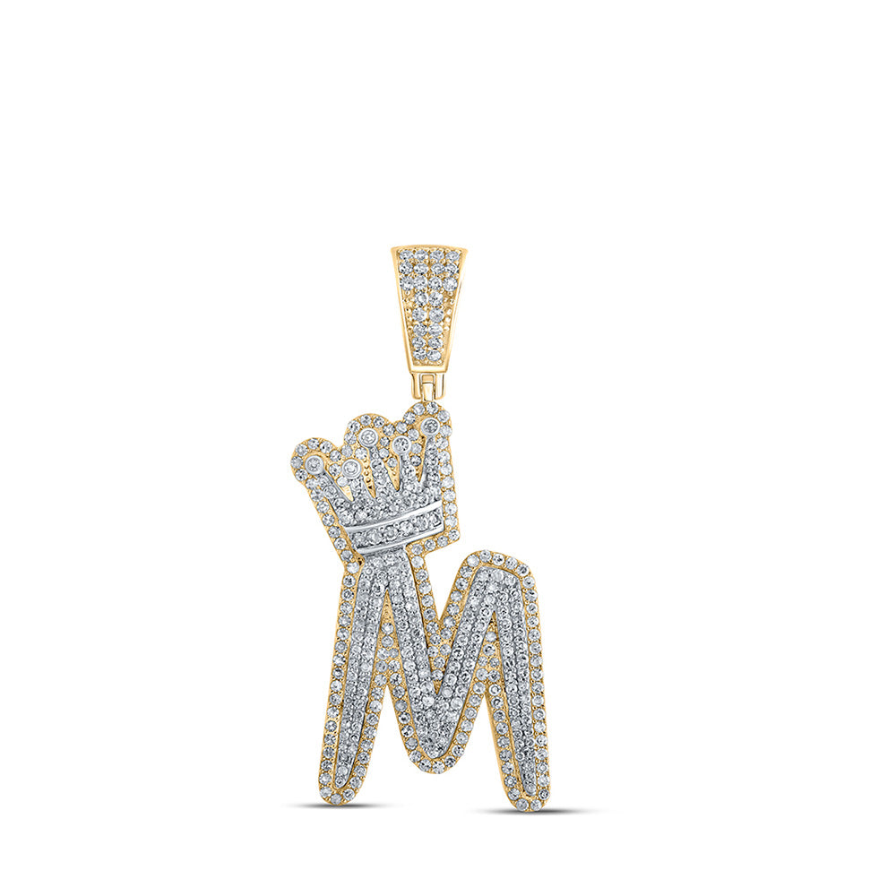 10K Yellow Gold Mens Round Diamond Crown Letter Charm Pendant