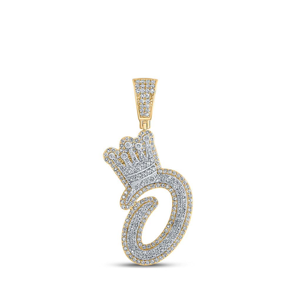 10K Yellow Gold Mens Round Diamond Crown Letter Charm Pendant