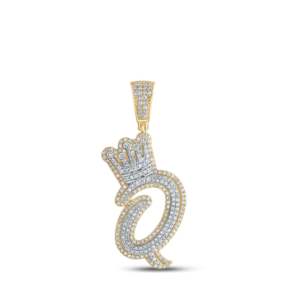 10K Yellow Gold Mens Round Diamond Crown Letter Charm Pendant