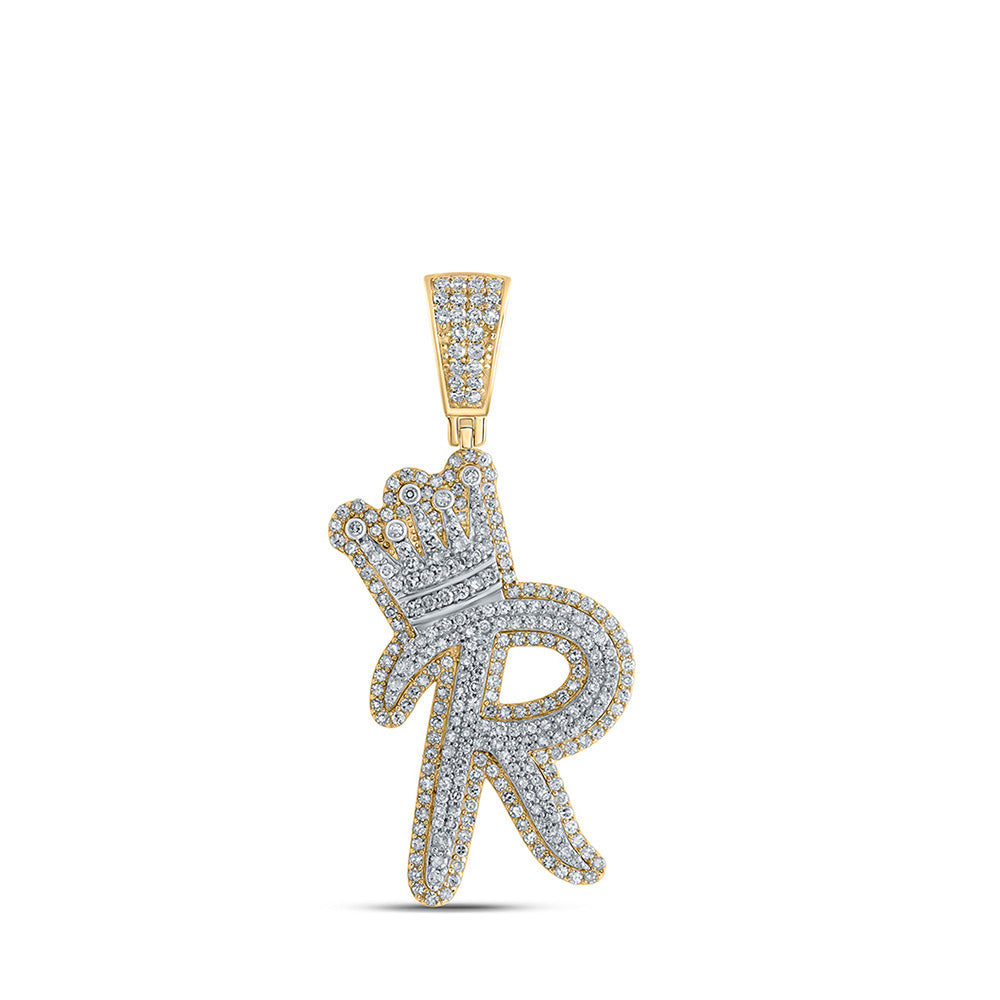 10K Yellow Gold Mens Round Diamond Crown Letter Charm Pendant
