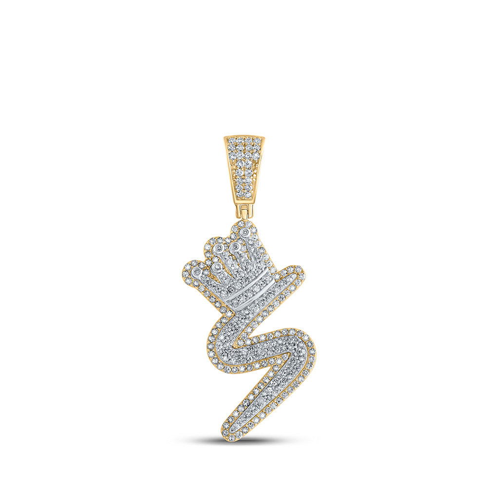 10K Yellow Gold Mens Round Diamond Crown Letter Charm Pendant
