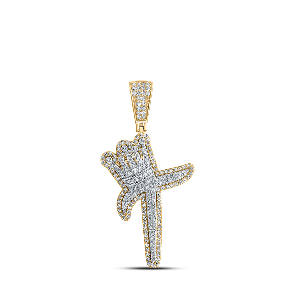 10K Yellow Gold Mens Round Diamond Crown Letter Charm Pendant