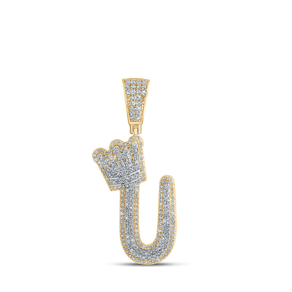 10K Yellow Gold Mens Round Diamond Crown Letter Charm Pendant