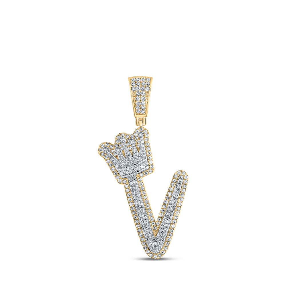 10K Yellow Gold Mens Round Diamond Crown Letter Charm Pendant