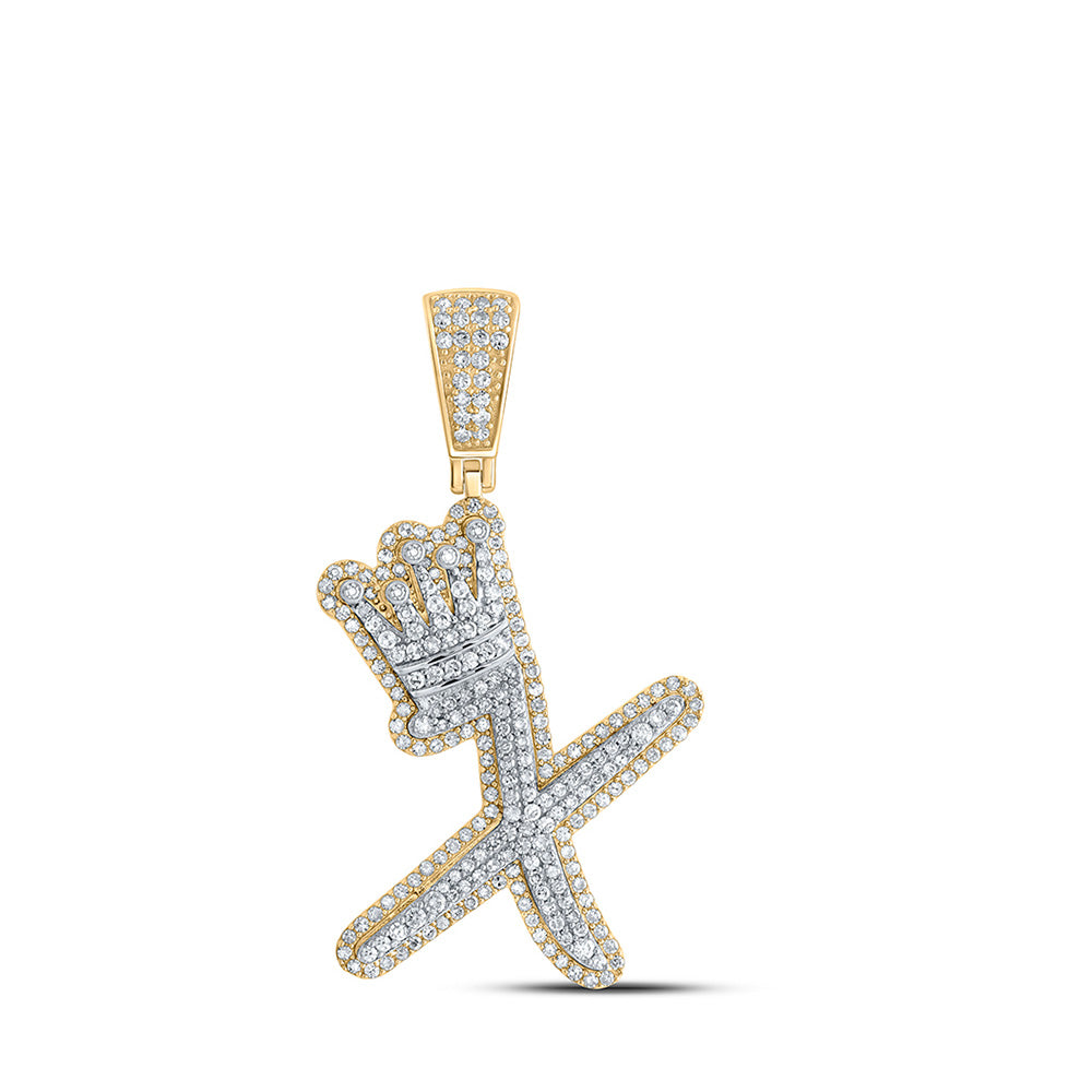 10K Yellow Gold Mens Round Diamond Crown Letter Charm Pendant