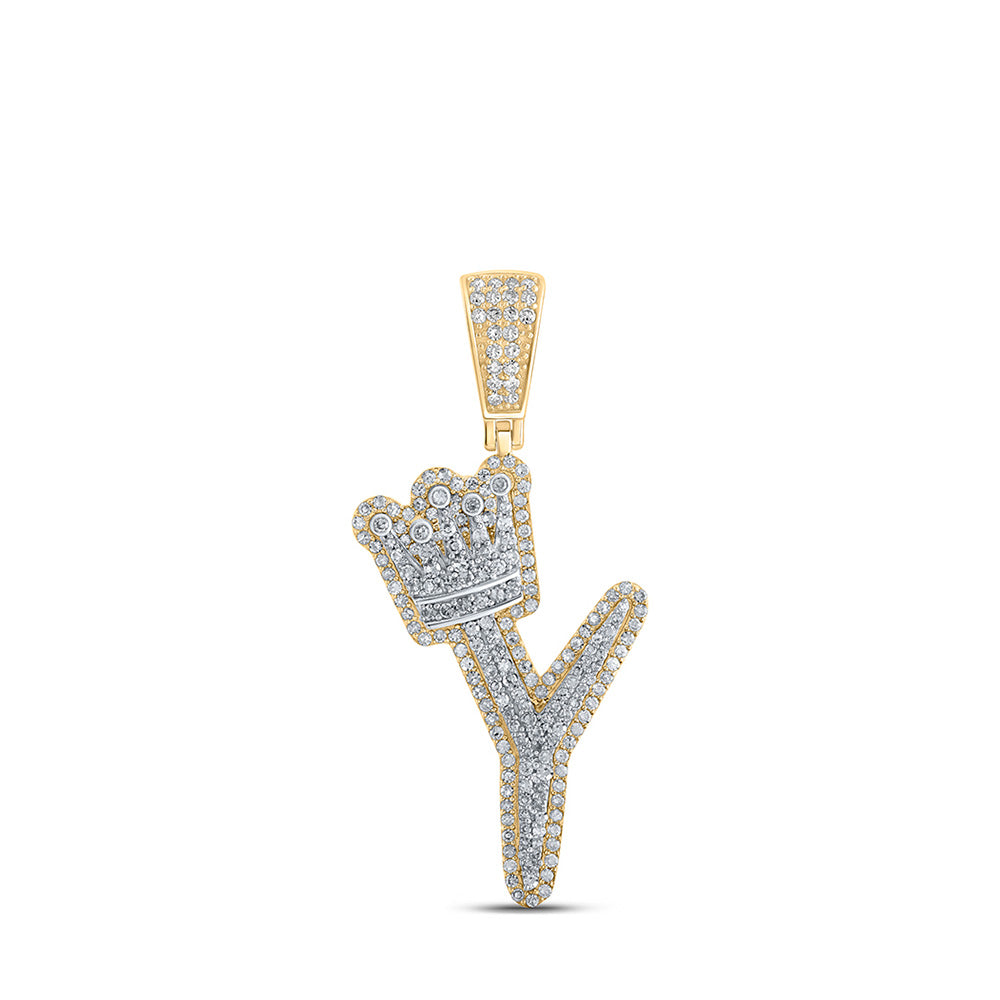 10K Yellow Gold Mens Round Diamond Crown Letter Charm Pendant