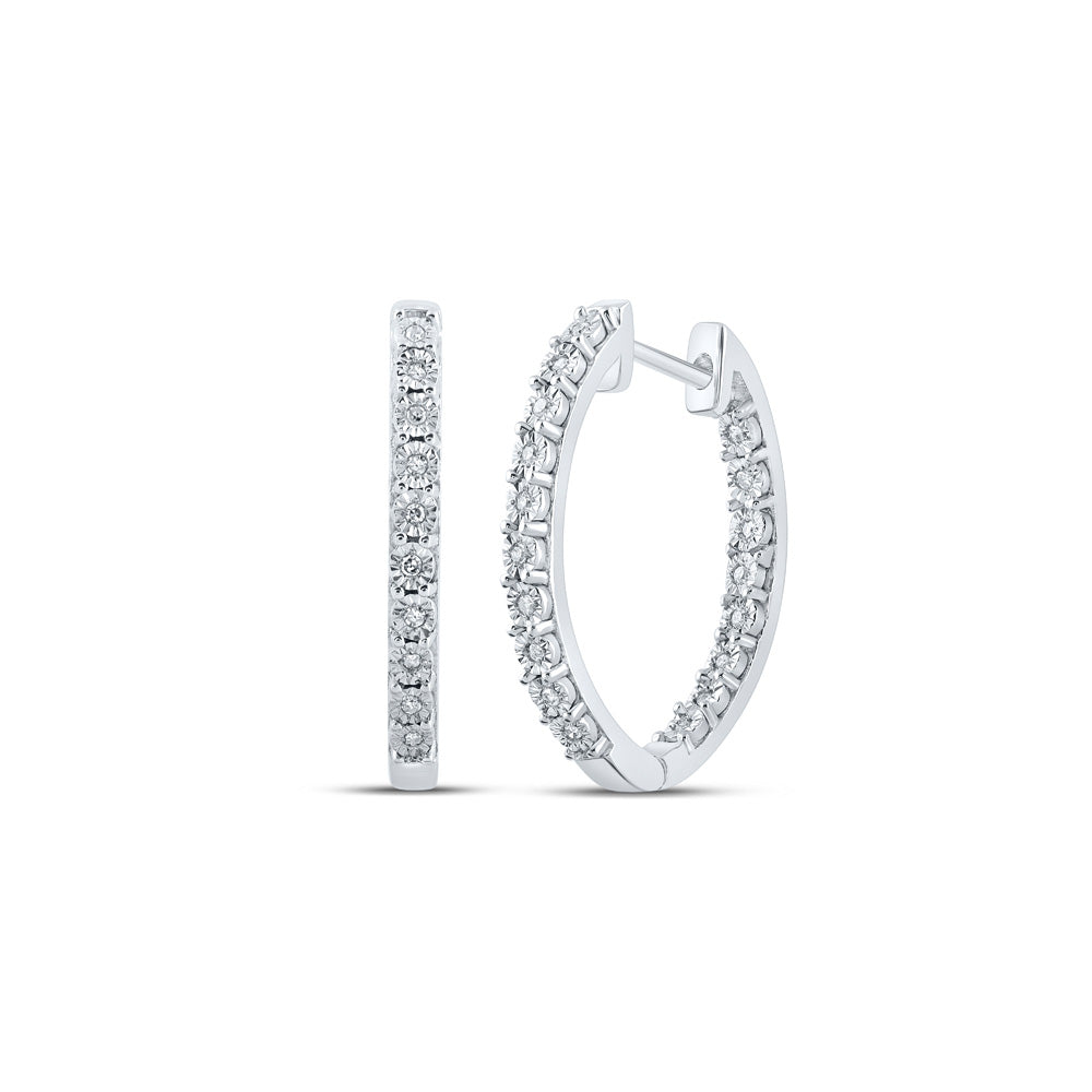 Sterling Silver Womens Round Diamond Inside Outside Hoop Earrings 1/10 Cttw, Length: 0.81 In