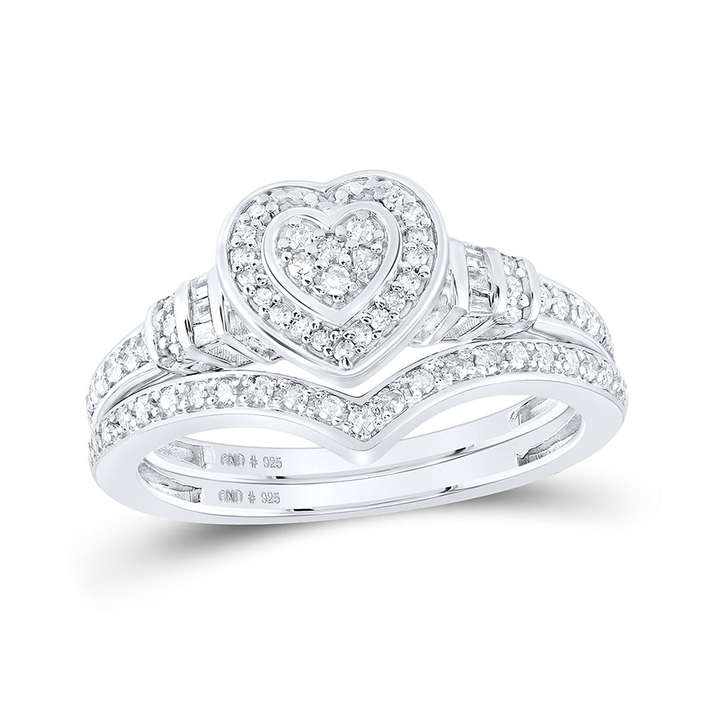 Sterling Silver Round Diamond Heart Bridal Wedding Ring Band Set 1/3 Cttw, Womens Size: 5-10