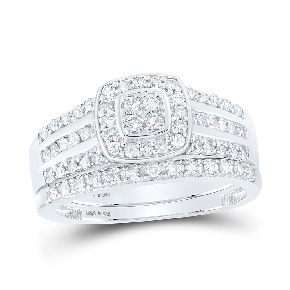 Sterling Silver Round Diamond Square Bridal Wedding Ring Band Set 1/2 Cttw, Womens Size: 5-10