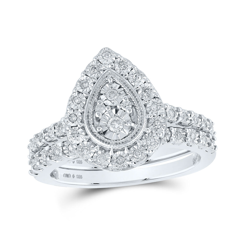 Sterling Silver Round Diamond Teardrop Bridal Wedding Ring Band Set 1/5 Cttw, Womens Size: 5-10