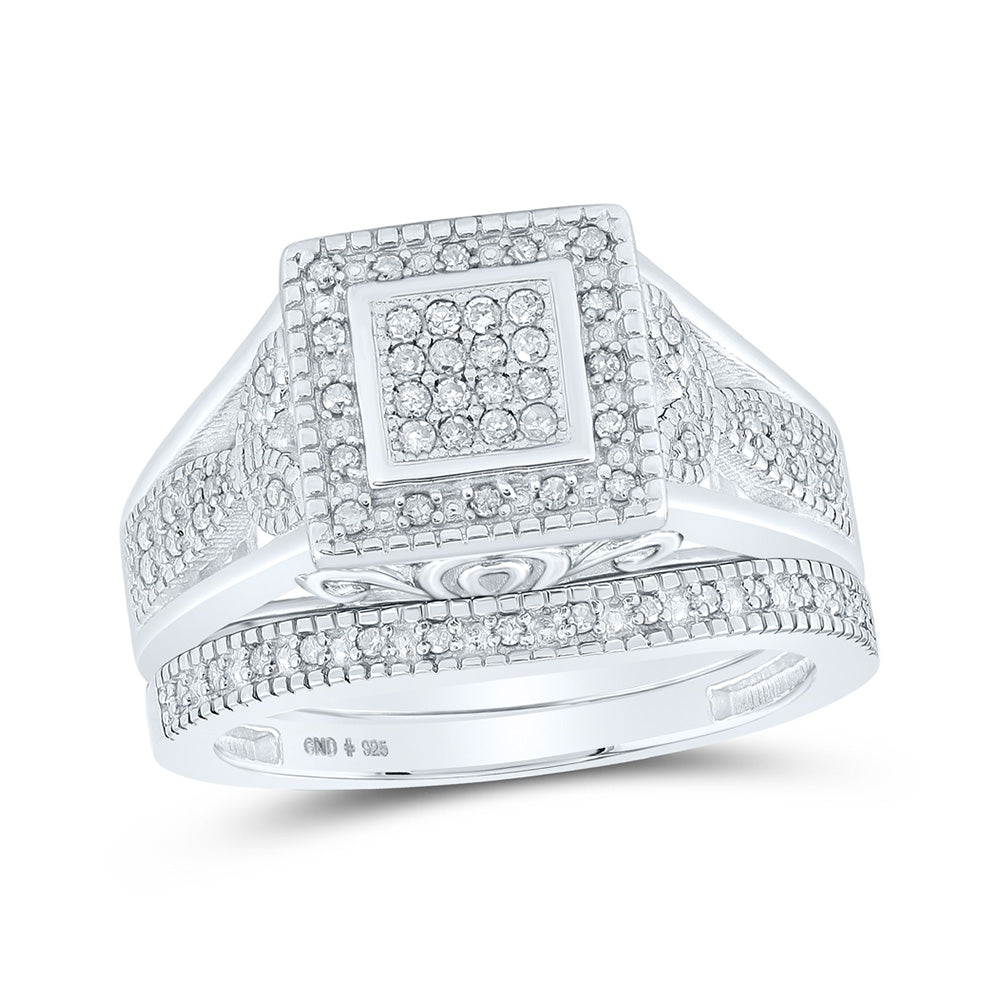 Sterling Silver Round Diamond Square Bridal Wedding Ring Band Set 1/5 Cttw, Womens Size: 5-10