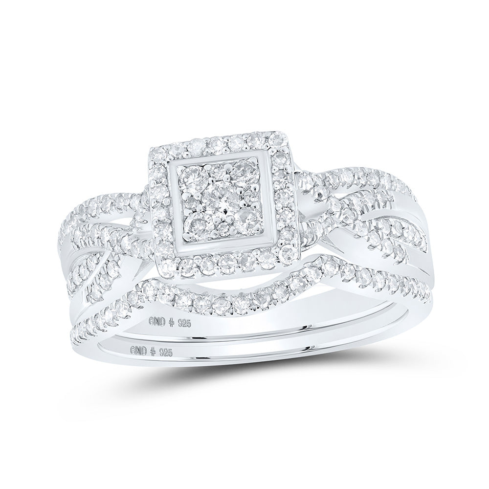 Sterling Silver Round Diamond Square Bridal Wedding Ring Band Set 5/8 Cttw, Womens Size: 5-10