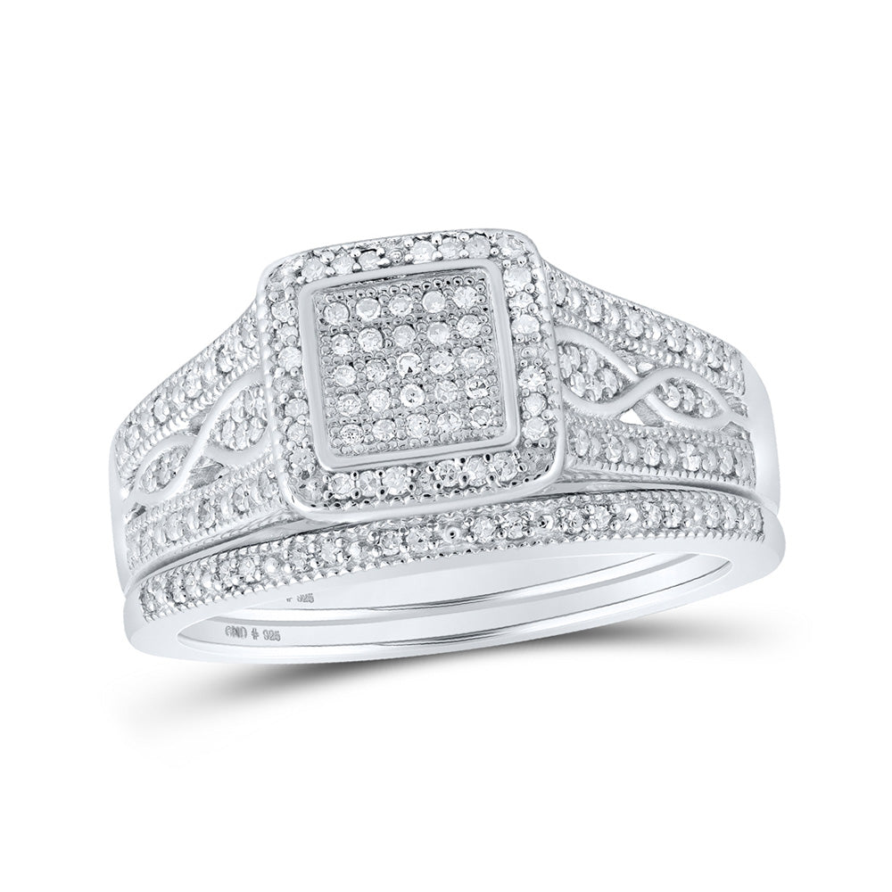 Sterling Silver Round Diamond Square Bridal Wedding Ring Band Set 1/3 Cttw, Womens Size: 5-10