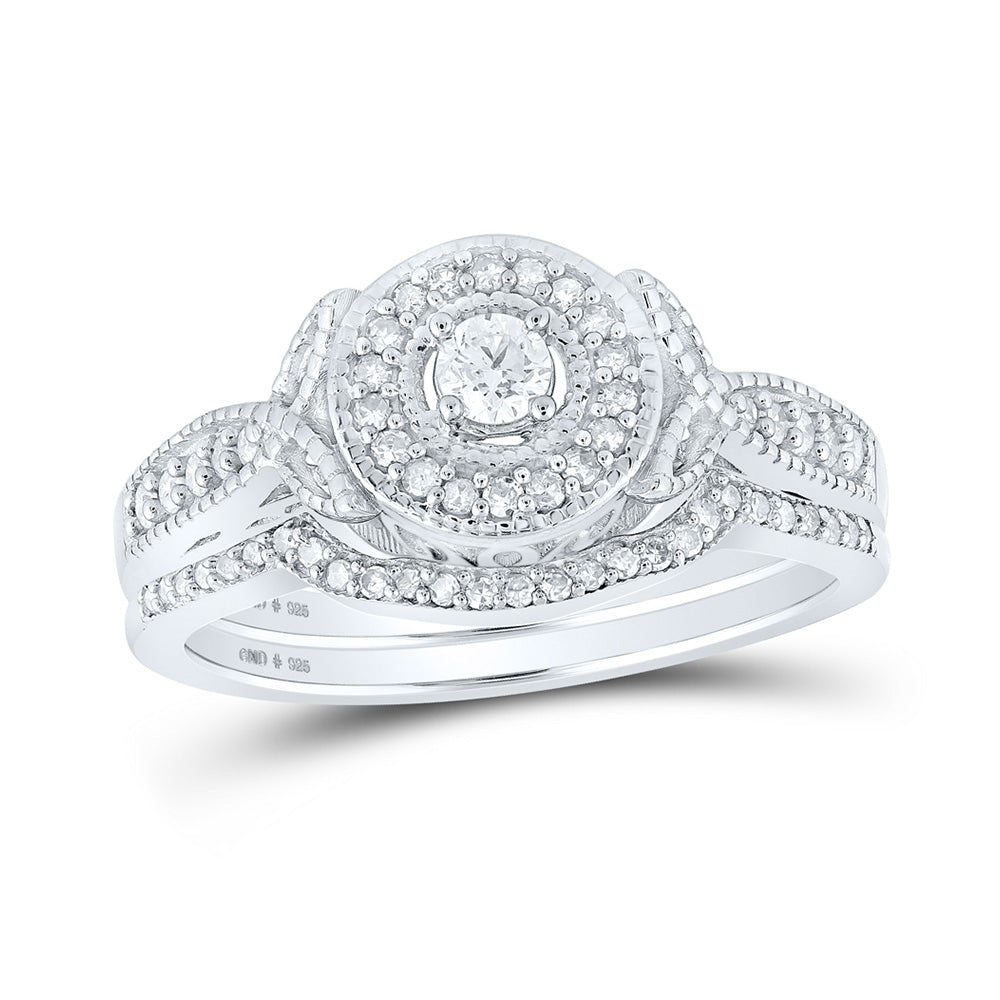 Sterling Silver Round Diamond Halo Bridal Wedding Ring Band Set 3/8 Cttw, Womens Size: 5-10