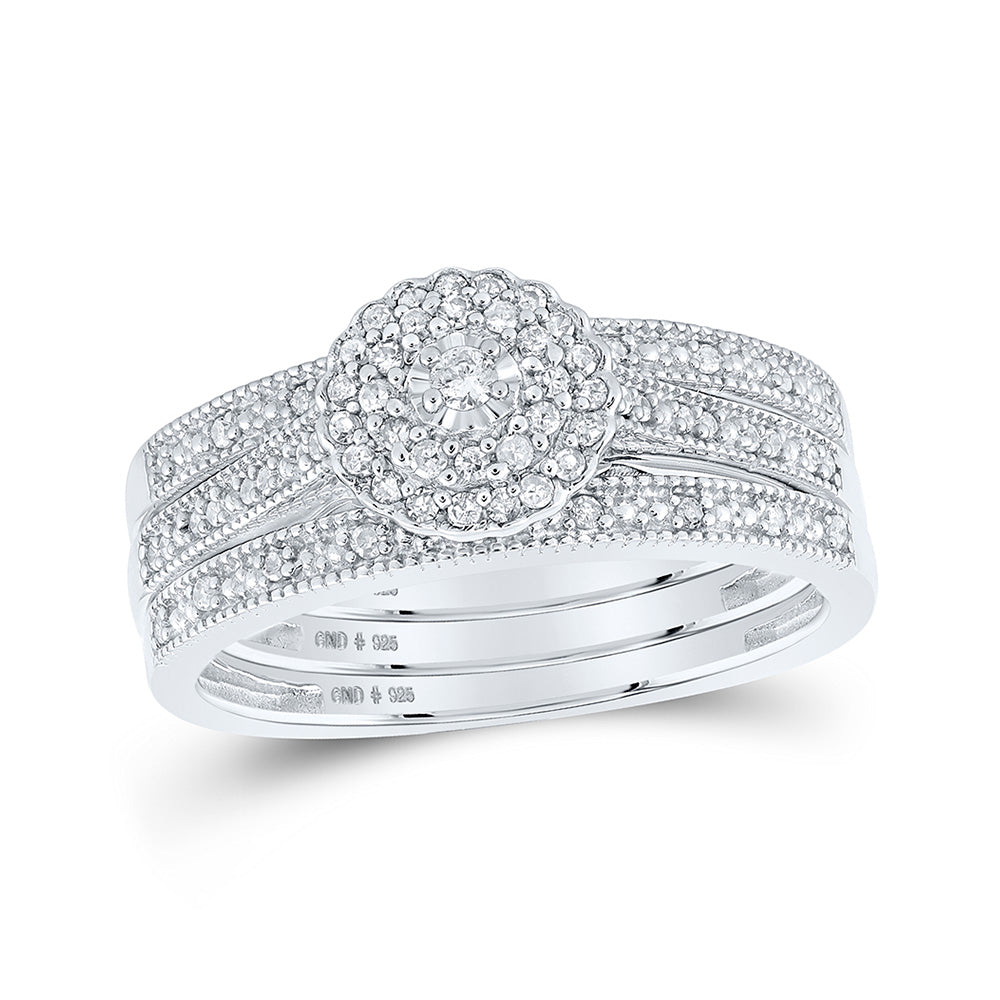 Sterling Silver Round Diamond 3-Pc Bridal Wedding Ring Band Set 1/4 Cttw, Womens Size: 5-10