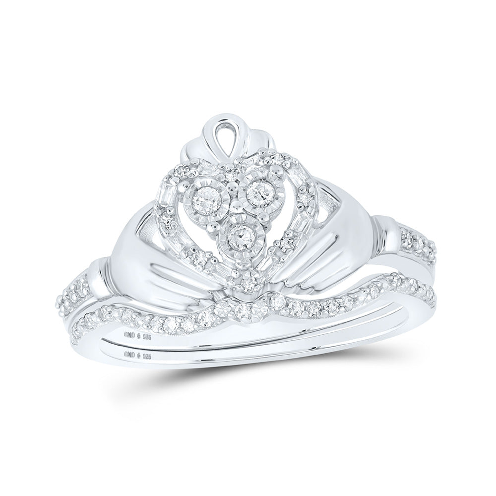 Sterling Silver Round Diamond Claddagh Bridal Wedding Ring Band Set 1/5 Cttw, Womens Size: 5-10
