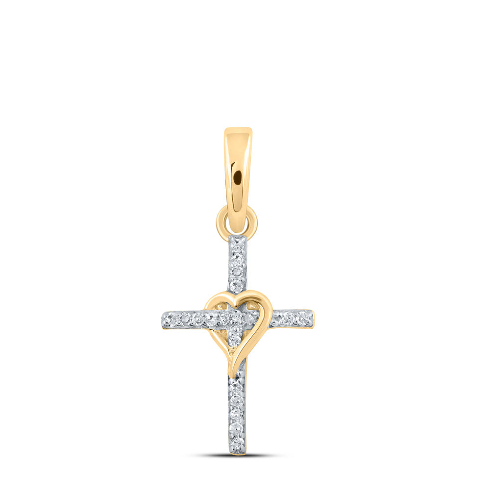 10K Yellow Or White Or Rose Gold Womens Round Diamond Heart Cross Pendant