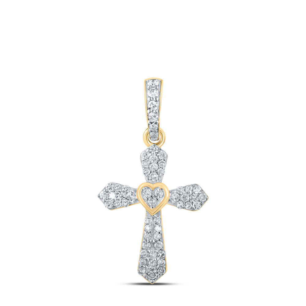 10K White Or Yellow Gold Womens Round Diamond Heart Cross Pendant