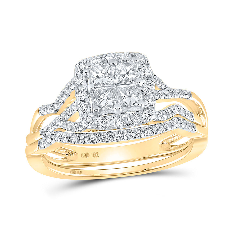 10K Yellow Gold Princess Diamond Square Bridal Wedding Ring Band Set 1 Cttw, Womens Size: 5-10