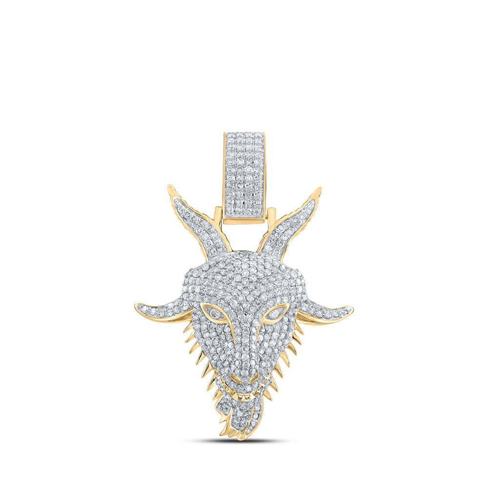 10K Yellow Gold Mens Round Diamond Goat Face Charm Pendant 1-1/2 Cttw, Length: 1.54 In, Width: 1.15 In